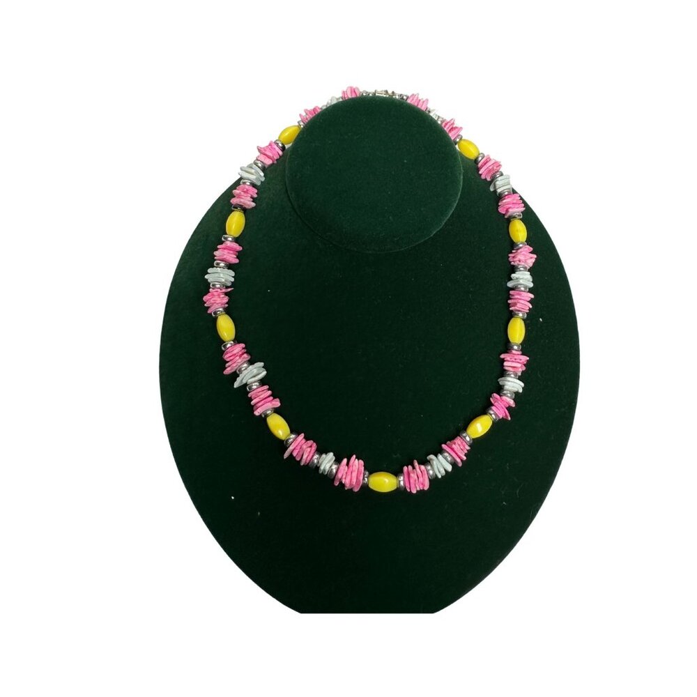 Vintage Handmade Pastel Puka Shell Necklace Pink Yellow  Choker Beach Boho 70s